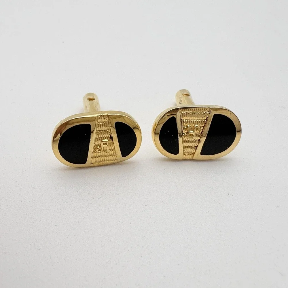 Gold Tone Oval Cufflinks Mens Black Enamel Velvet Tuxedo Stud Lot Wedding